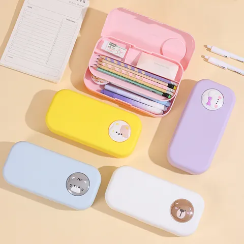 Trousse à Crayons Dessin Animé 3D Simple Double Couche Grande Capacité Imperméable Boîte de Papeterie Portable Pour Étudiants Cadeau Enfants