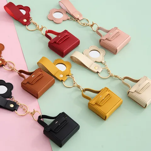 Llavero de Mini Bolso de Cuero PU Moderno Minimalista Colgante Estuche Auriculares Con Espejo Floral Correa de Muñeca
