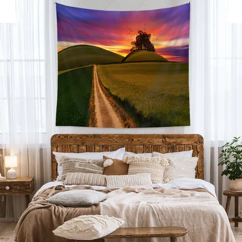 Polyester Landscape Tapestry Sunset Glow Nature Scenery Wall Hanging Beautiful Countryside Road Fabric Backdrop Carpet For Bedroom Living Room Room Decor