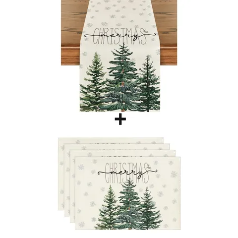 Christmas Linen Table Runner Placemat Set Watercolor Christmas Tree Snowflake Printed Table Mat Home Dining Festive Decoration