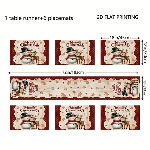 Linen Christmas Table Runner And Placemats Set Snowman Elk Pattern Printed Holiday Tablecloth Decoration For Dining Room Kitchen Home Decor