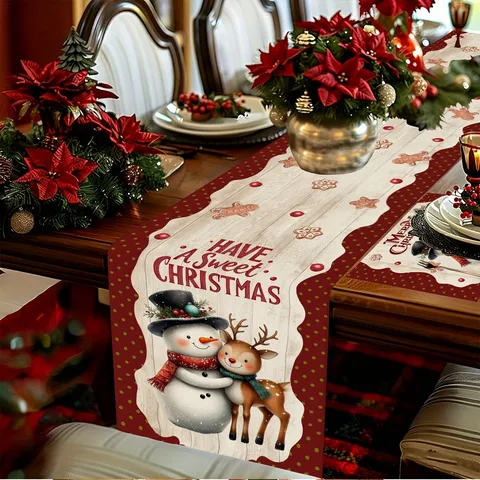 Linen Christmas Table Runner And Placemats Set Snowman Elk Pattern Printed Holiday Tablecloth Decoration For Dining Room Kitchen Home Decor
