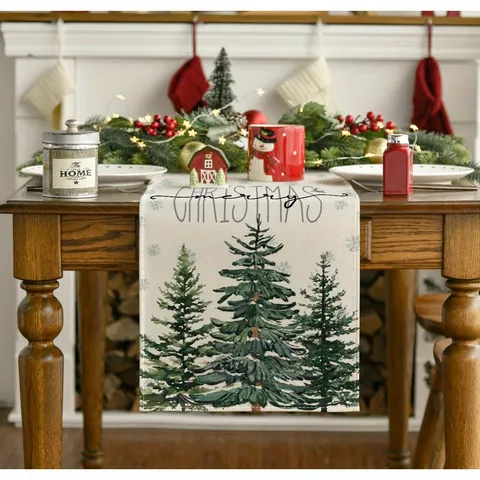Christmas Linen Table Runner Placemat Set Watercolor Christmas Tree Snowflake Printed Table Mat Home Dining Festive Decoration
