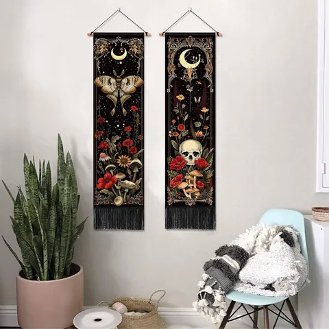 Gothic Dark Mysticism Polyester Tapestry With Wood Hanging Rod Black Fringe Tassel Moon Phase Butterfly Skull Wall Hanging Blanket For Home Bedroom Decor