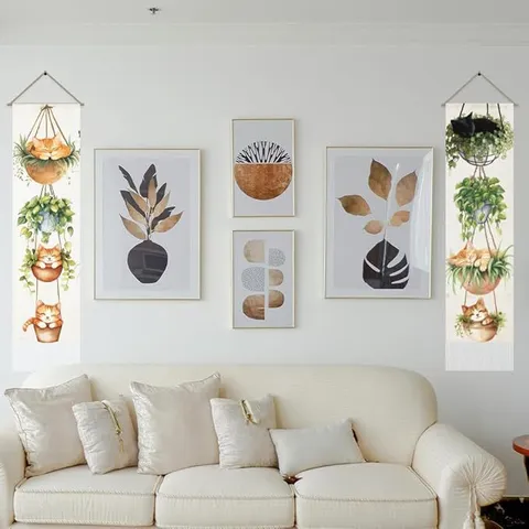 Nordic Vintage Cat and Plant Garden Tapestry Cotton Linen Watercolor Illustration Wall Hanging Scroll Picture with Tassel for Home Dining Room Decor