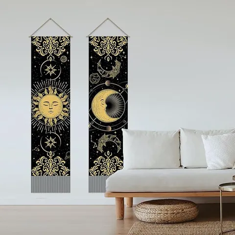 Mystical Astrology Cotton Linen Tapestry Retro Black Gold Sun Moon Wall Hanging Hanging Painting Banner With Tassels For Living Room Bedroom Home Decor