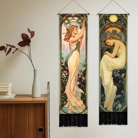Vintage Art Nouveau Greek Goddess Portrait Cotton Linen Wall Tapestry Elegant Multicolor Tassel Fringe Hanging Painting Scroll for Home Bedroom Living Room Bedhead Porch Backdrop Decor
