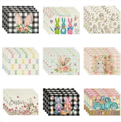 Easter Linen Placemat Cartoon Rabbit Egg Floral Printed Table Decorative Heat Resistant Mat For Kitchen Dining Room Party Home Decoration