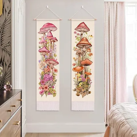 Tapisserie en Coton Imprimé Champignon et Fleur Vintage Bohème Affiche Murale en Tissu Tableau à Suspendre pour Décoration Maison Chambre Salon