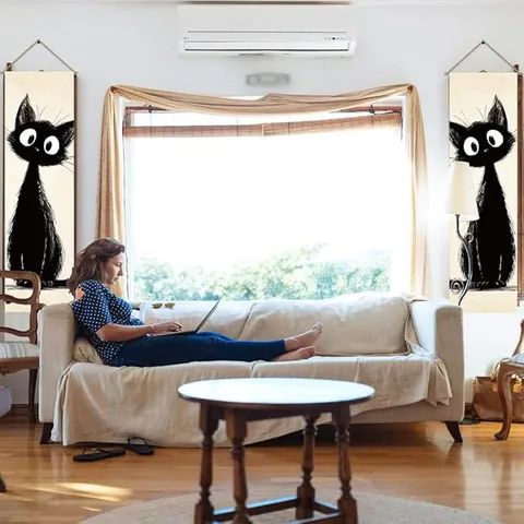 Cartoon Black Cat Wall Hanging Tapestry Cotton Linen Printed Scroll Painting With Tassel For Bedroom Living Room Decor
