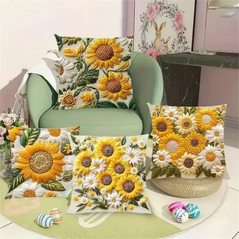 Funda Almohada Bordado Girasol Felpa Vintage Moderno Minimalista Funda Cojín Margarita Botánica Para Sofá Sala Estar Decoración Hogar