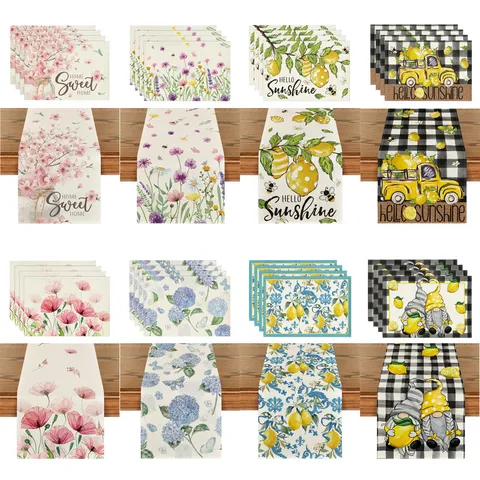 Linen Table Runner Placemat Set Watercolor Lemon Flower Print Decorative Farmhouse Tablecloth For Kitchen Dining Room Home Decor