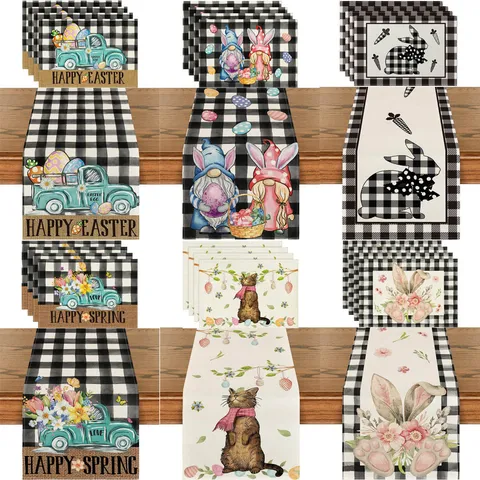 Linen Easter Table Runner Placemat Cartoon Colorful Rabbit Egg Plaid Print Dinner Table Runner Home Festival Tablecloth Decoration