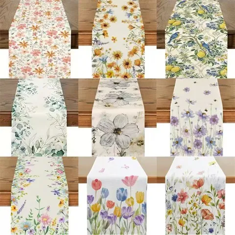 Pastoral Linen Table Runner Watercolor Floral Print Tablecloth Heat Insulation Mat Home Dining Party Decor Table Runner