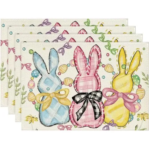 Easter Linen Placemat Cartoon Rabbit Egg Floral Printed Table Decorative Heat Resistant Mat For Kitchen Dining Room Party Home Decoration