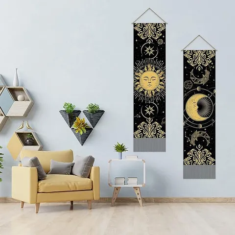 Mystical Astrology Cotton Linen Tapestry Retro Black Gold Sun Moon Wall Hanging Hanging Painting Banner With Tassels For Living Room Bedroom Home Decor