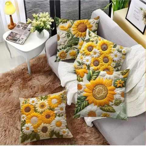 Funda Almohada Bordado Girasol Felpa Vintage Moderno Minimalista Funda Cojín Margarita Botánica Para Sofá Sala Estar Decoración Hogar