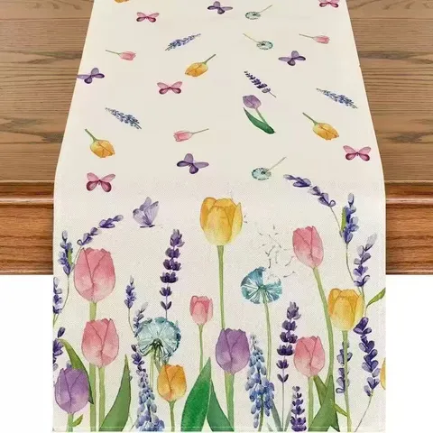 Pastoral Linen Table Runner Watercolor Floral Print Tablecloth Heat Insulation Mat Home Dining Party Decor Table Runner