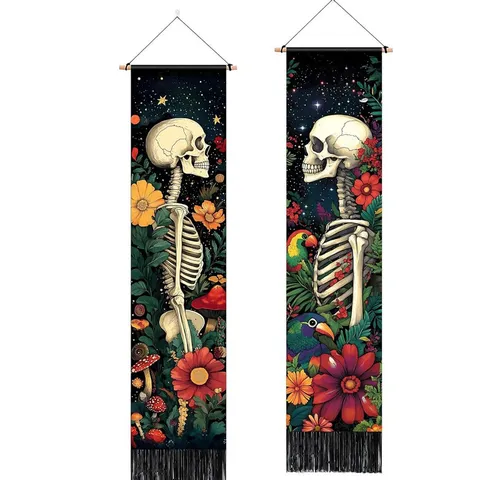 Gothic Polyester Skull Tapestry With Tassel Wooden Hanging Rod Halloween Day Of The Dead Floral Wall Hanging Art Banner For Home Living Room Decor