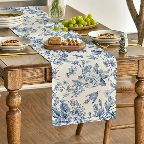 Pastoral Linen Table Runner Floral Bird Butterfly Spring Print Table Decoration Cover For Banquet Dining Room Party