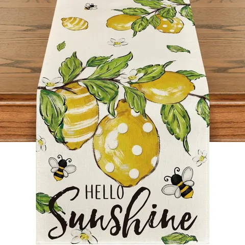 Linen Table Runner Placemat Set Watercolor Lemon Flower Print Decorative Farmhouse Tablecloth For Kitchen Dining Room Home Decor