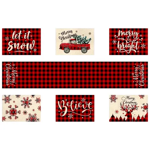 Christmas Linen Placemat Table Runner Tablecloth Set Red Black Plaid Printed Snowflake Elk Deer Table Decoration For Banquet Home Holiday Decor