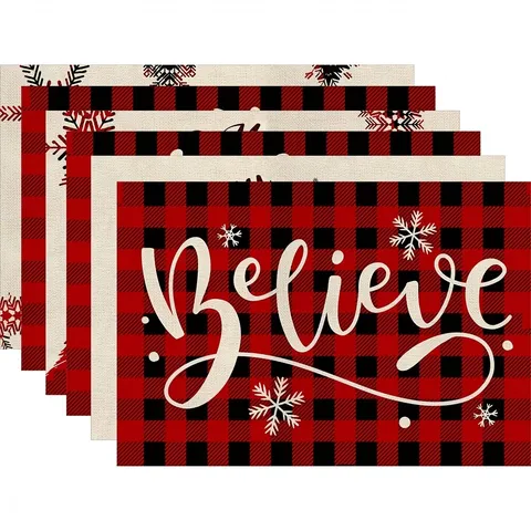 Christmas Linen Placemat Table Runner Tablecloth Set Red Black Plaid Printed Snowflake Elk Deer Table Decoration For Banquet Home Holiday Decor