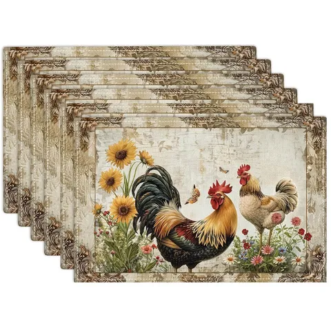 Retro Farmhouse Rooster Linen Placemat Country Theme Vintage Floral Table Decoration Heat Insulated Rectangular Kitchen Place Mat