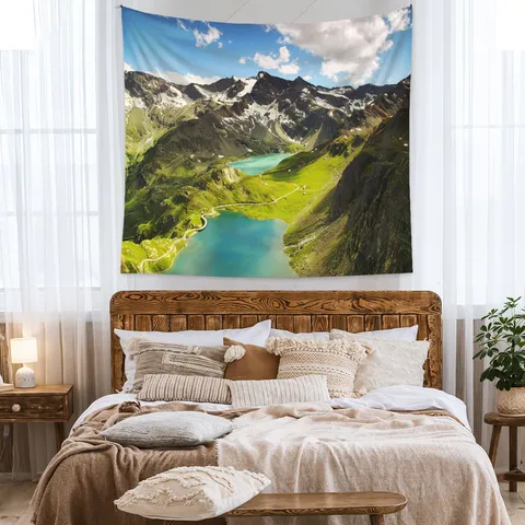 Polyester Landscape Wall Tapestry Nature Mountain Lake Scenery Hanging Fabric Background Cloth For Room Living Decor