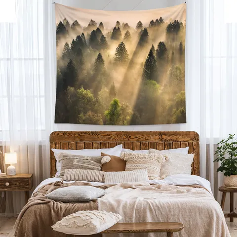 Forest Landscape Tapestry Nature Tree Mist Print Wall Hanging Polyester Blanket For Room Decor Home Aesthetic Wall Art