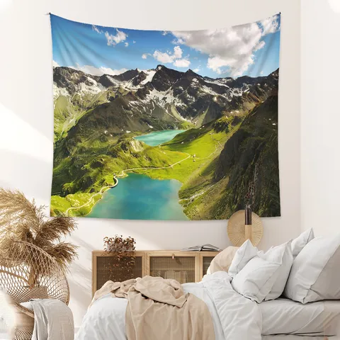 Polyester Landscape Wall Tapestry Nature Mountain Lake Scenery Hanging Fabric Background Cloth For Room Living Decor