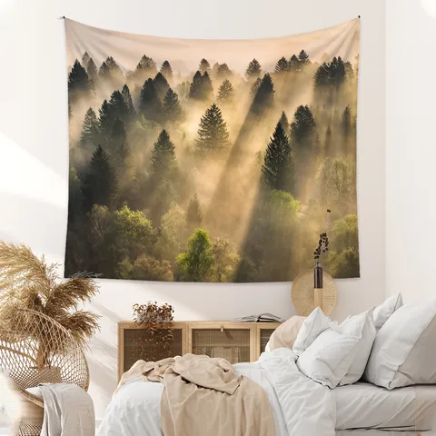 Forest Landscape Tapestry Nature Tree Mist Print Wall Hanging Polyester Blanket For Room Decor Home Aesthetic Wall Art