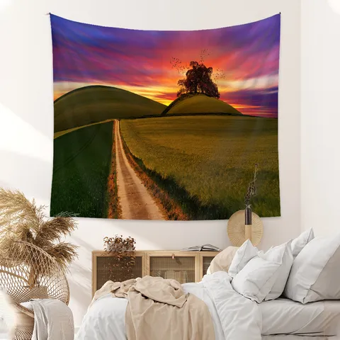 Polyester Landscape Tapestry Sunset Glow Nature Scenery Wall Hanging Beautiful Countryside Road Fabric Backdrop Carpet For Bedroom Living Room Room Decor
