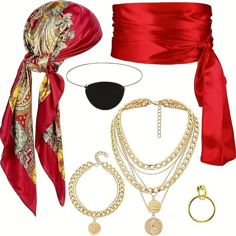 Ensemble d'Accessoires de Costume de Pirate d'Halloween Foulard en Lin Ceinture Cache-œil Collier Doré Fête Déguisée