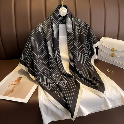Dames Simulatie Zijde Vierkante Sjaal Elegante Bloemen Geometrische Print Lichtgewicht Satin Hals Sjaal Hoofdband Omslagdoek