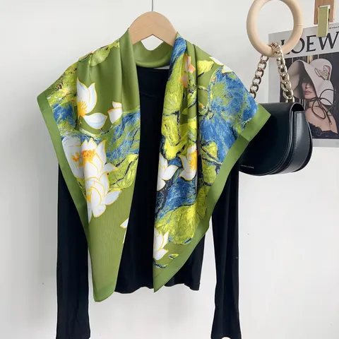 Dames Keper Gesimuleerde Zijde Vierkante Sjaal Frisse Bloemenprint Grote Sjaal Modieuze Hals Sjaal