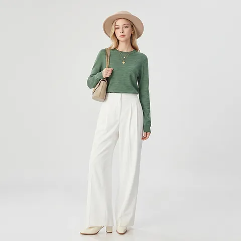 Damen Casual Langarm Rundhals Reine Wolle Pullover Pullover Einzelfarbig Basic Strickware Herbst Winter Mode