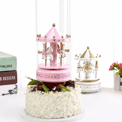 Wooden Carousel Music Box Birthday Gift Cake Decoration Kids Girl Toy Rotating Music Box Home Decor Ornament