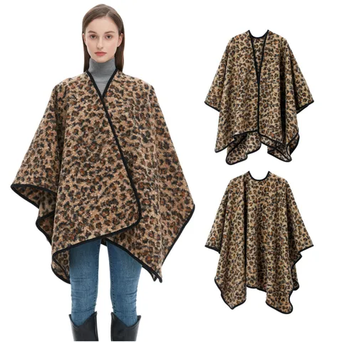 Damen Mode Leopardenmuster Schal Winter Warm Weich Polyester Wrap Schal Schick Schwarzer Rand Umhang