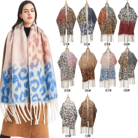 Retro Leopard Print Loop Yarn Scarf For Women Autumn And Winter Warm Tassels Soft Long Fashion Neck Scarf