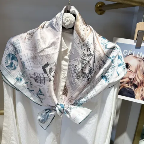 Women Pure Mulberry Silk Scarf Luxury Vintage Stamp Print Square Scarf Elegant Neckerchief With Gift Box