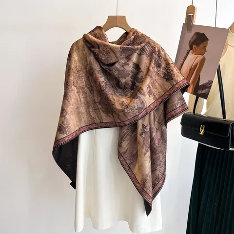 Nieuwe Chinese Stijl Landschap Inkt Bedrukt Moerbeizijde Sjaal Retro Etnisch Grote Vierkante Sjaal Omslagdoek Voor Vrouwen