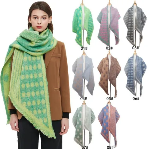 Women Autumn Winter Thickened Loop Yarn Jacquard Polka Dot Color Block Diagonal Triangle Scarf Fashion Shawl Wrap