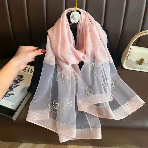 Womens Solid Color Satin Scarf Elegant Faux Silk Long Shawl With Artificial Pearl And Rhinestone Decoration