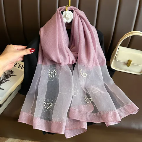 Womens Solid Color Satin Scarf Elegant Faux Silk Long Shawl With Artificial Pearl And Rhinestone Decoration