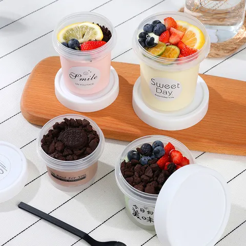 Gobelets à Dessert en Plastique Transparent Avec Couvercles et Cuillères Récipients Jetables pour Pudding Yaourt Salade de Fruits