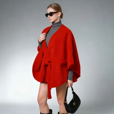 Vrouwen Winter Warm Effen Kleur Polyester Sjaal Elegante Poncho Cape Met Band Mode Casual Bovenkleding