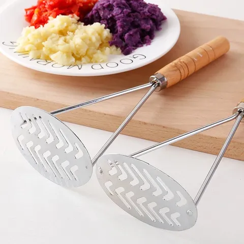 Stainless Steel Potato Masher with Wooden Handle Heavy Duty Kitchen Potato Ricer Fruit Vegetable Masher Tool