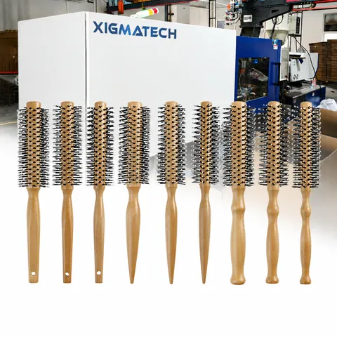 Wooden Round Hair Brush Volumizing Styling Roller Comb With Nylon Bristles For Curly Hair Salon Home Use