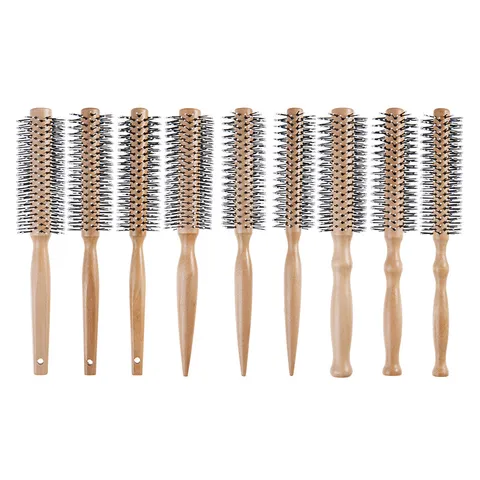 Wooden Round Hair Brush Volumizing Styling Roller Comb With Nylon Bristles For Curly Hair Salon Home Use
